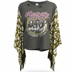 Aerosmith "Get Your Wings" Upcycled Tunic Top - Leopard Fringe Sleeves